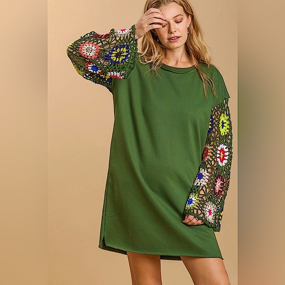 Umgee Crochet Sleeve French Terry Dress in Olive NWOT - Picture 3 of 8